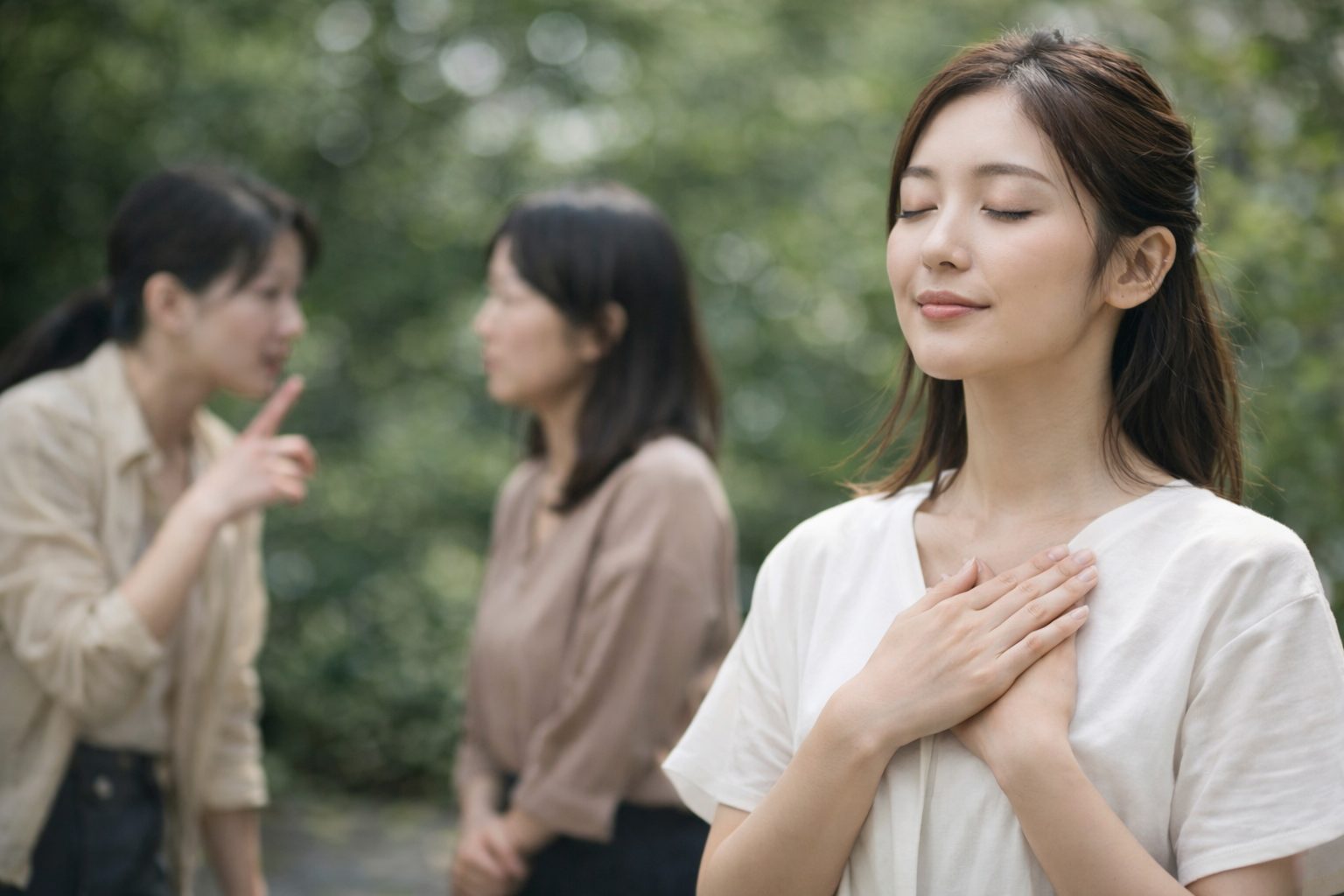 悪口や愚痴に巻き込まれず、落ち着いて気持ちを整える日本人女性のイメージ