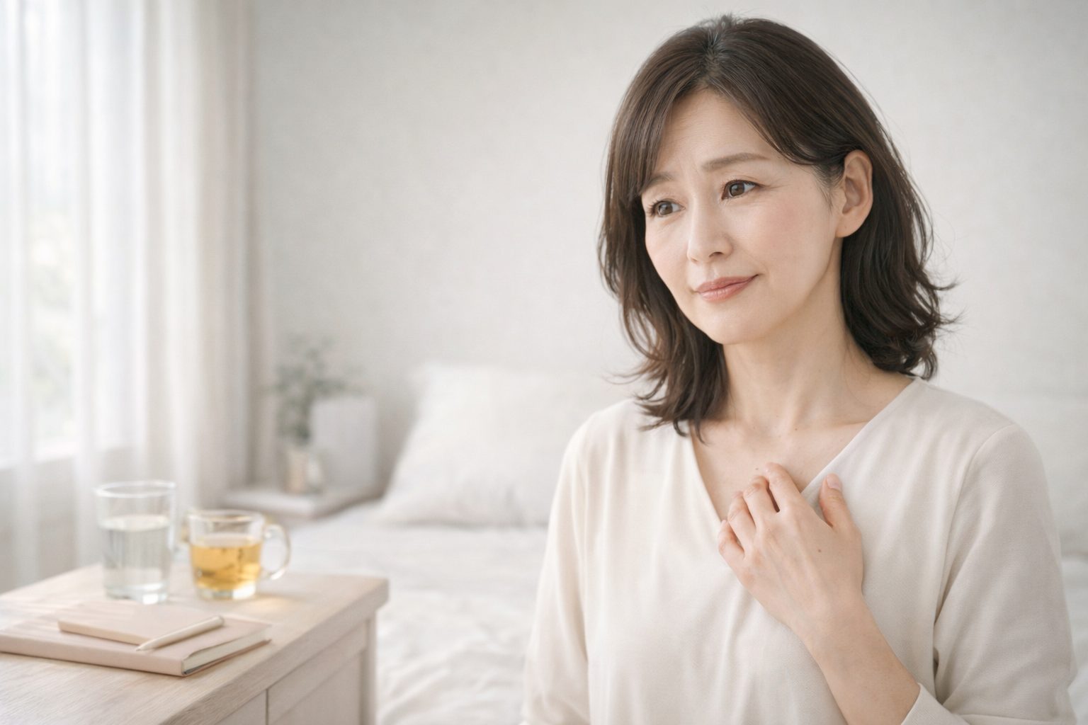 40・50代以降の女性の突然の尿意や頻尿の悩みをイメージした、明るくやさしいライフスタイル写真