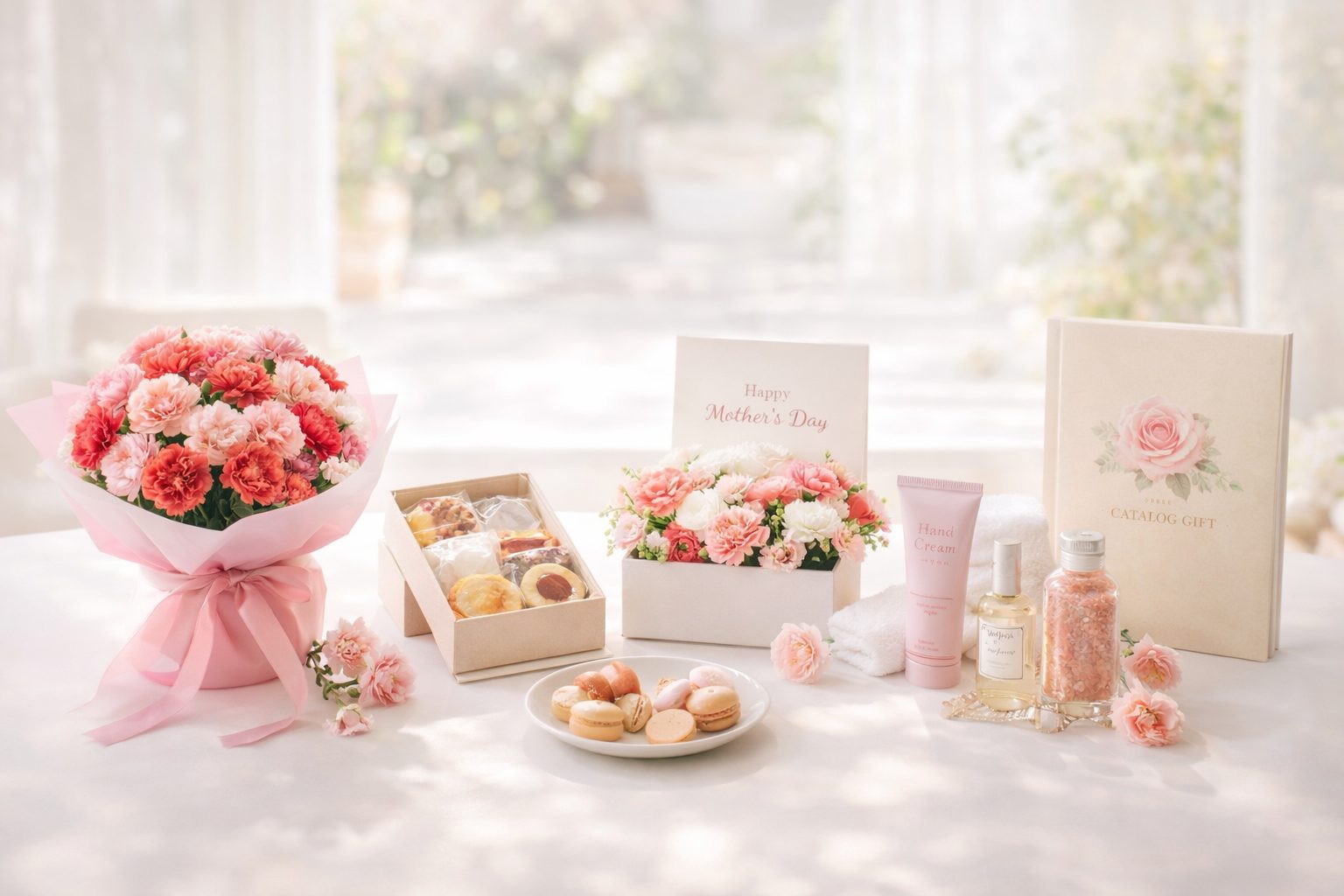 母の日の女性向けギフト5選として花、スイーツ、美容雑貨、カタログギフトを比較しているイメージ