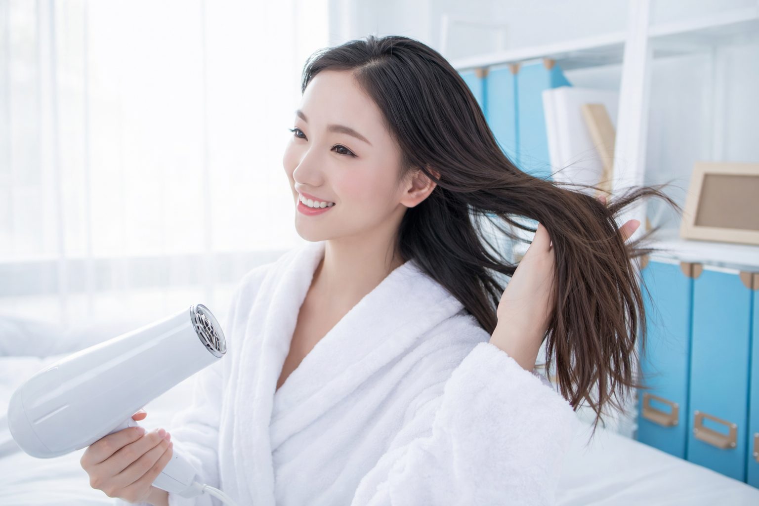 春に向けてヘアケアを見直す大人の女性が、明るい洗面台で髪を整えている様子